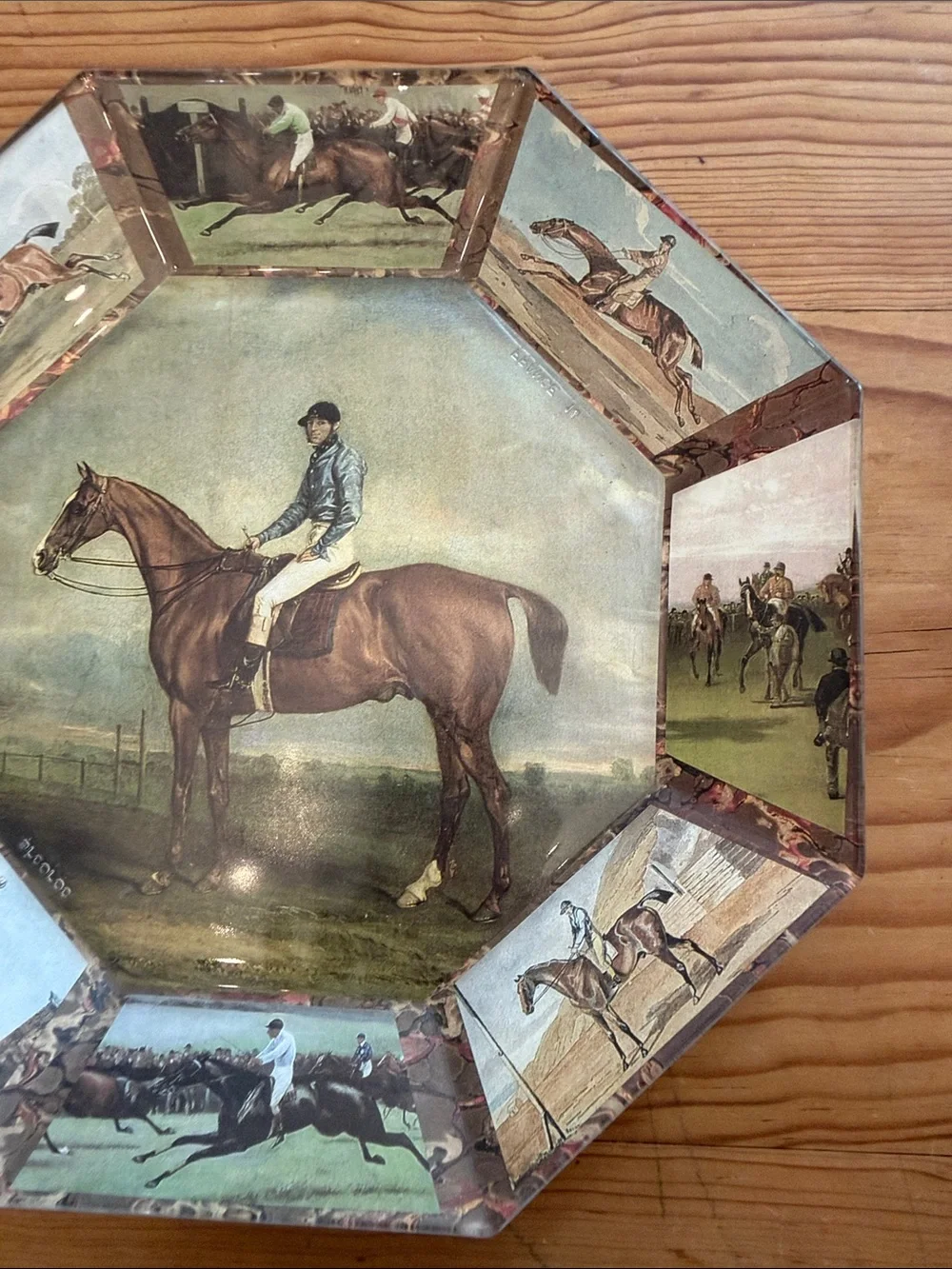 Equestrian octagon plate featuring a jockey on his horse, beautiful